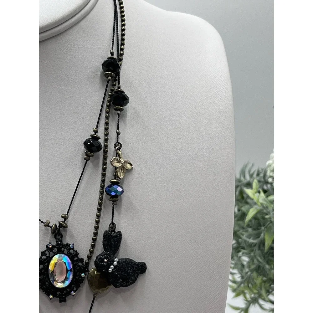 Betsey Johnson Dark‎ Forest Triple Strand Gunmetal Necklace Fox Rabbit Charms